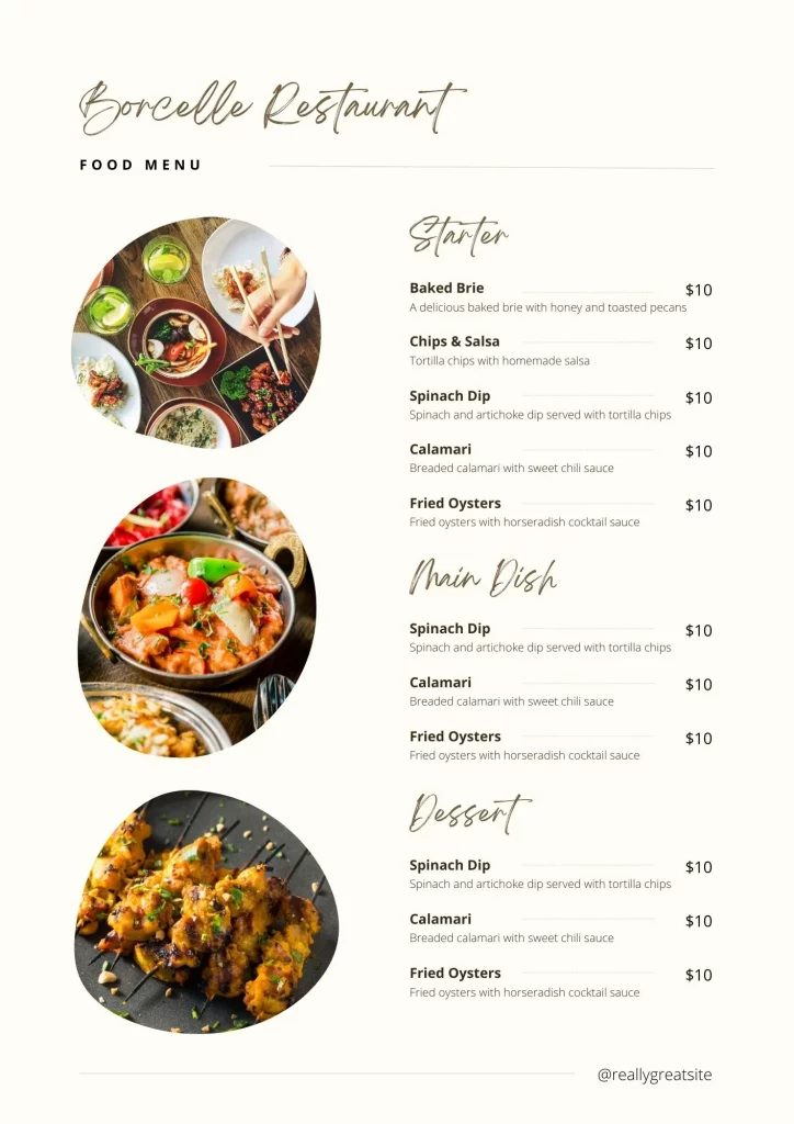 Exemplo de menu de restaurante do Canva